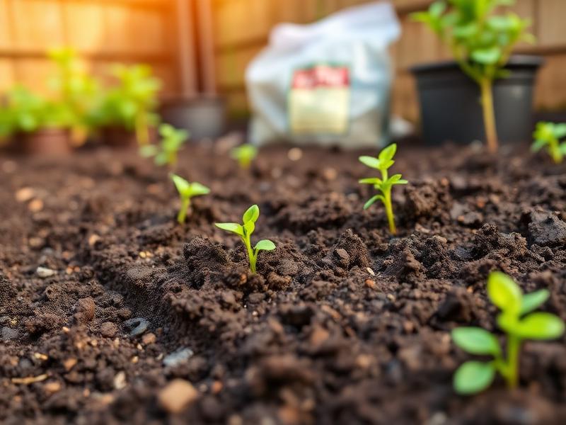Gartenerde mit eingearbeitetem mineralischem Bodenverbesserer und Grünpflanzen