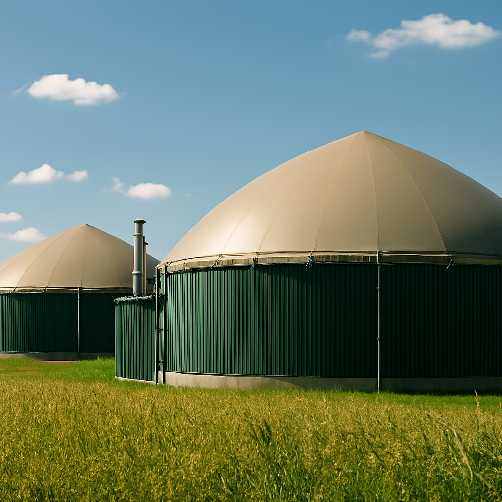 Biogasanlage mit Fermenter und grüner Kuppel vor Feldern